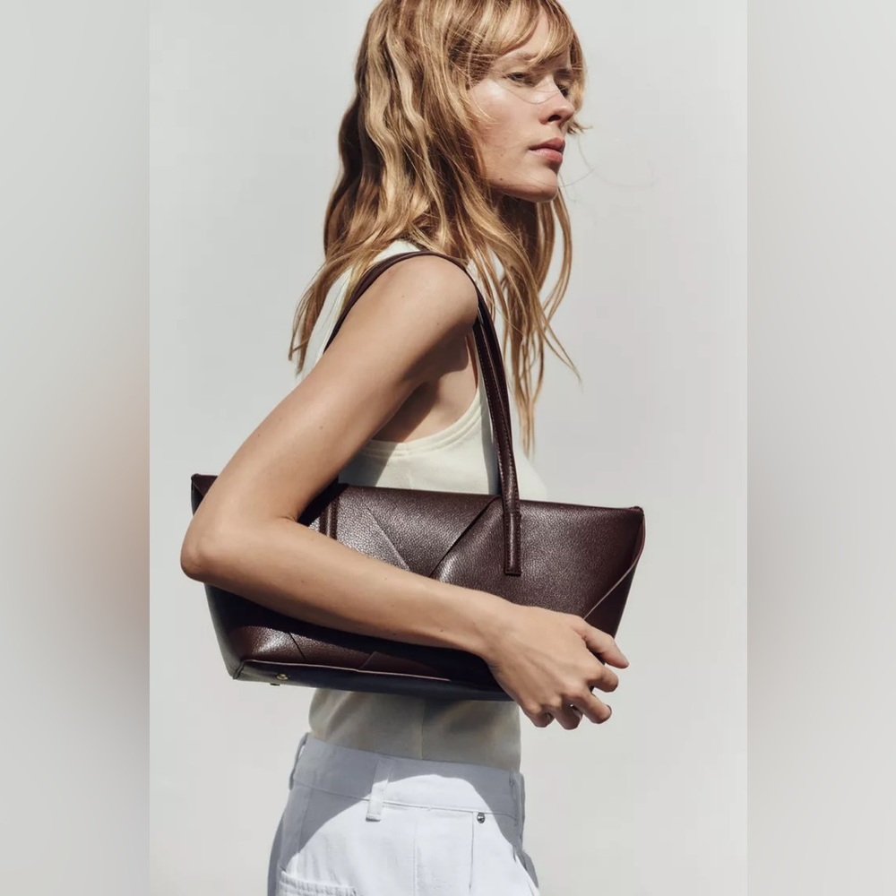 Zara Brown Geometric Faux Leather Shoulder Bag